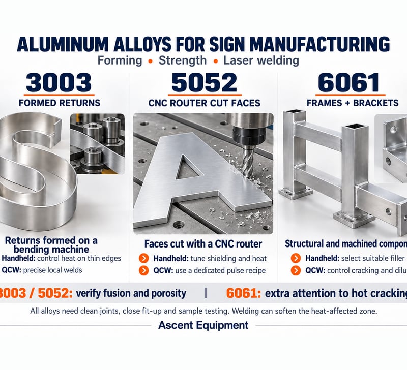 Aluminum alloys for sign manufacturing: a formed 3003 channel letter return, a 5052 letter face cut on a CNC router, and a welded 6061 frame and bracket, with handheld and QCW laser welding tips for each alloy