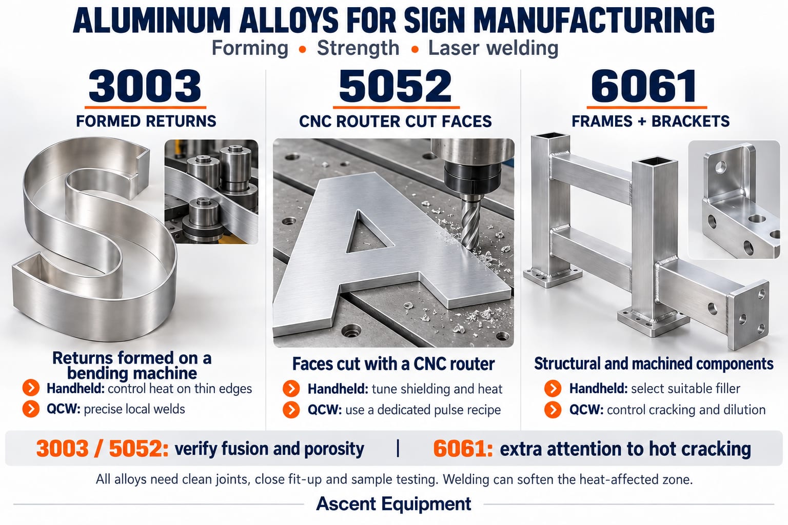 Aluminum alloys for sign manufacturing: a formed 3003 channel letter return, a 5052 letter face cut on a CNC router, and a welded 6061 frame and bracket, with handheld and QCW laser welding tips for each alloy