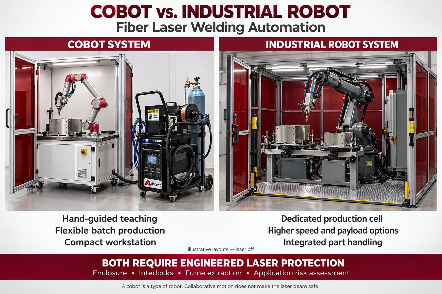 Comparison graphic of a cobot laser welding cell and an industrial robot laser welding cell, both enclosed, with the note that both require engineered laser protection: enclosure, interlocks, fume extraction and an application risk assessment