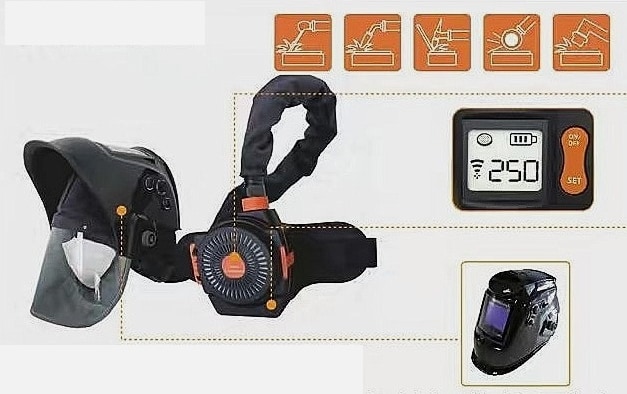Hooded welding helmet connected to a belt-worn powered air-purifying respirator with a control display, plus a welding helmet inset