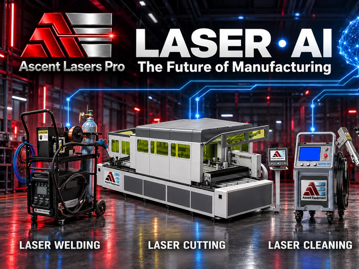 Ascent Lasers Pro banner titled Laser AI, The Future of Manufacturing: a laser welder, laser cutter, laser cleaner and mold repair machine linked by circuit lines to a glowing AI brain
