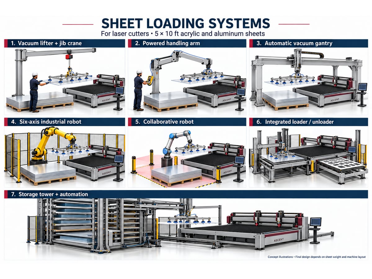 Seven sheet loading systems for a laser cutter handling 5 by 10 foot acrylic and aluminum sheets: a vacuum lifter with a jib crane, a powered handling arm, an automatic vacuum gantry, a six-axis industrial robot, a collaborative robot, an integrated loader and unloader, and a storage tower with automation