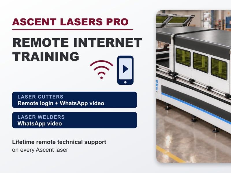 An Ascent dual-gantry laser cutter with the covers raised, beside the headline Remote Internet Training: remote login and WhatsApp video for laser cutters, WhatsApp video for laser welders