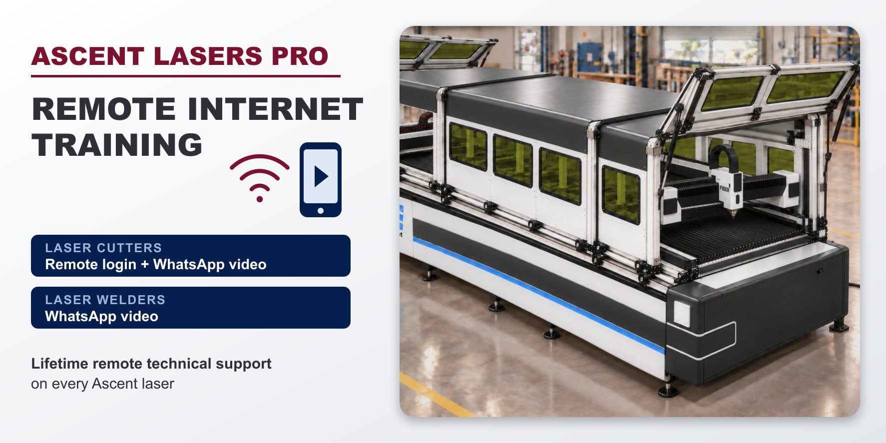 An Ascent dual-gantry laser cutter with the covers raised, beside the headline Remote Internet Training: remote login and WhatsApp video for laser cutters, WhatsApp video for laser welders