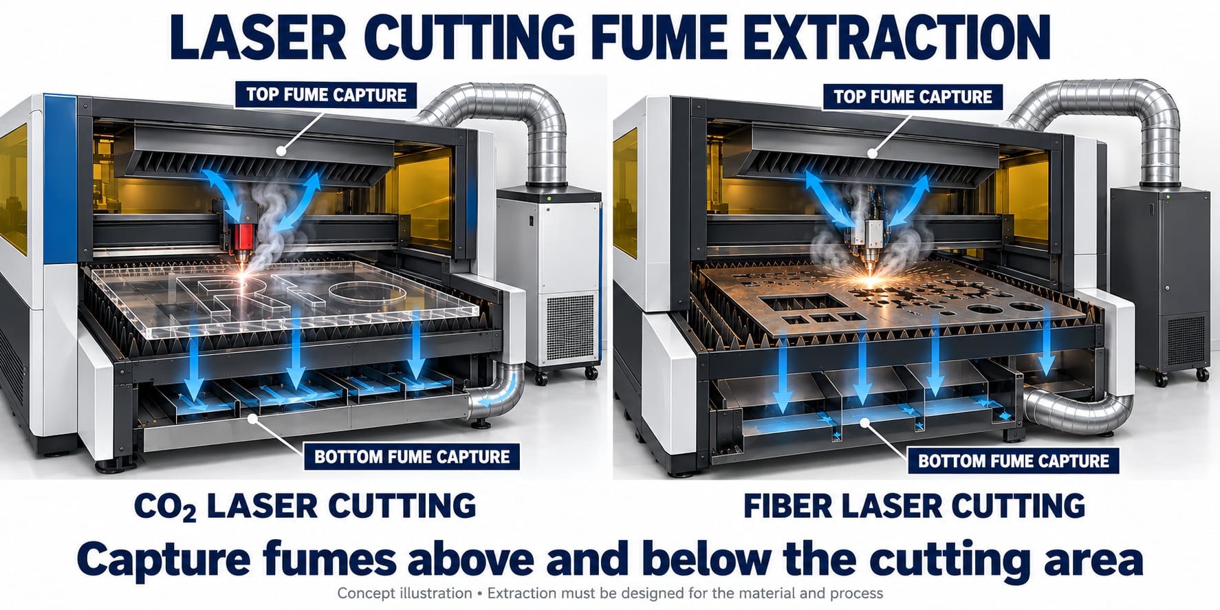 Cutaway of a CO2 laser cutter cutting acrylic and a fiber laser cutter cutting steel, with arrows showing fume capture from a hood above the cutting head and from extraction channels below the bed