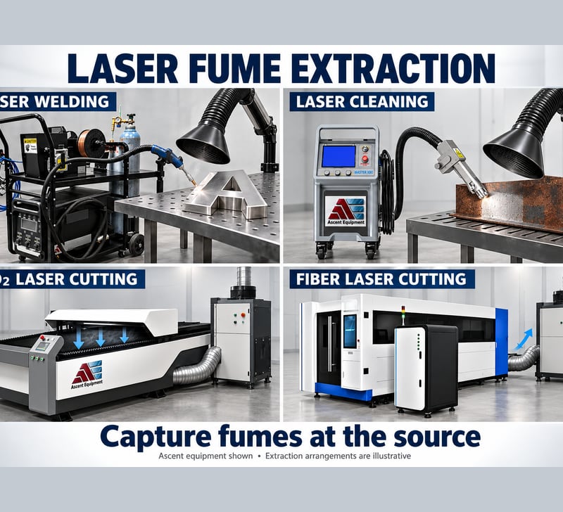 Laser fume extraction for four processes: a handheld laser welder with an arm hood over an aluminum letter, a laser cleaner with a hood over a rusty beam, a CO2 laser cutter with downdraft extraction, and a fiber laser cutter with a fume collector