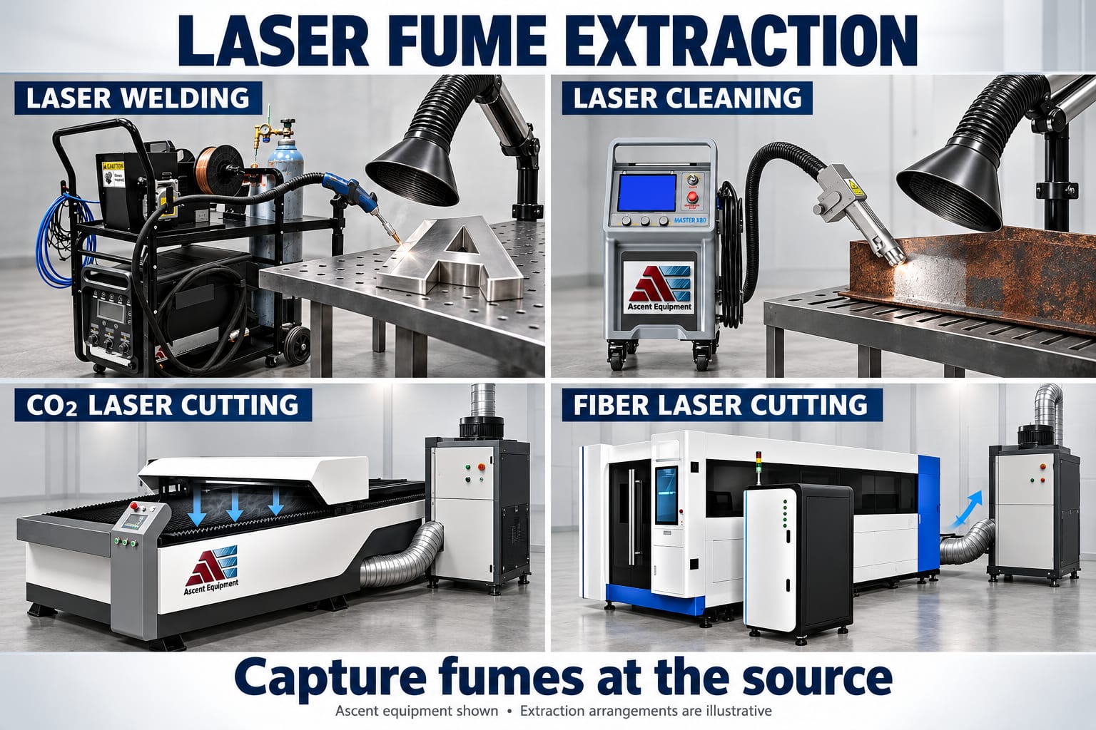 Laser fume extraction for four processes: a handheld laser welder with an arm hood over an aluminum letter, a laser cleaner with a hood over a rusty beam, a CO2 laser cutter with downdraft extraction, and a fiber laser cutter with a fume collector