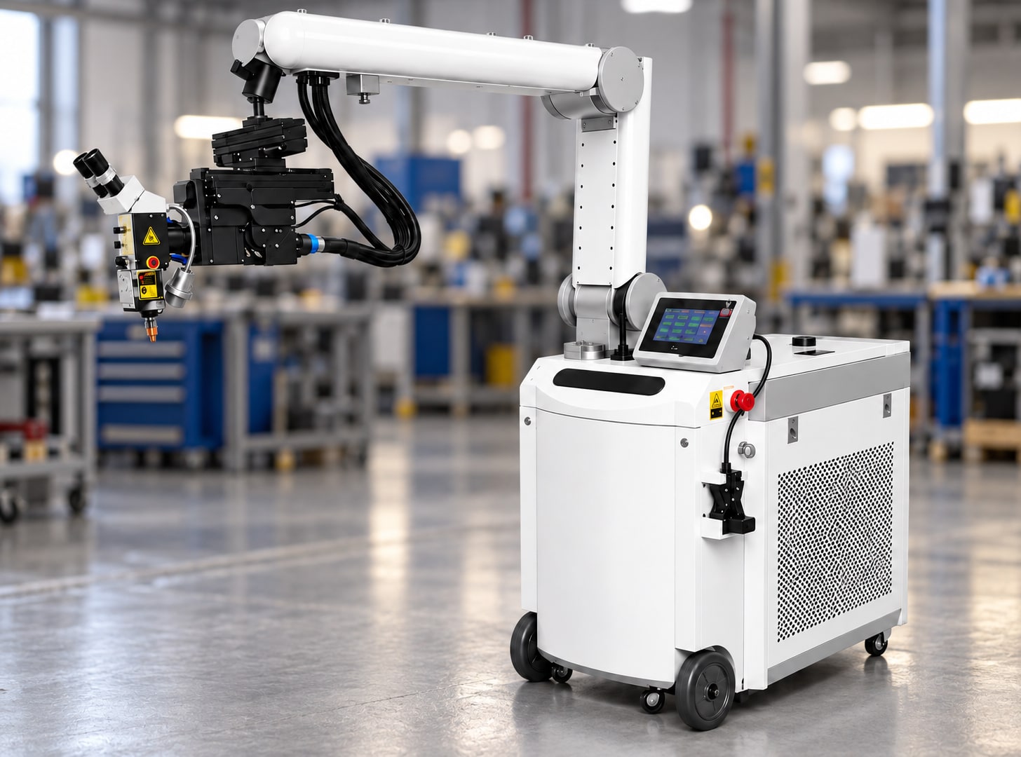 Ascent mold repair laser welder on a wheeled cabinet, with a touchscreen and an arm holding the welding head and microscope