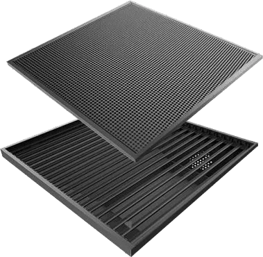 Honeycomb worktable shown above a blade worktable