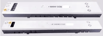 Two CO2 laser tubes, one marked 500W and one marked 300W