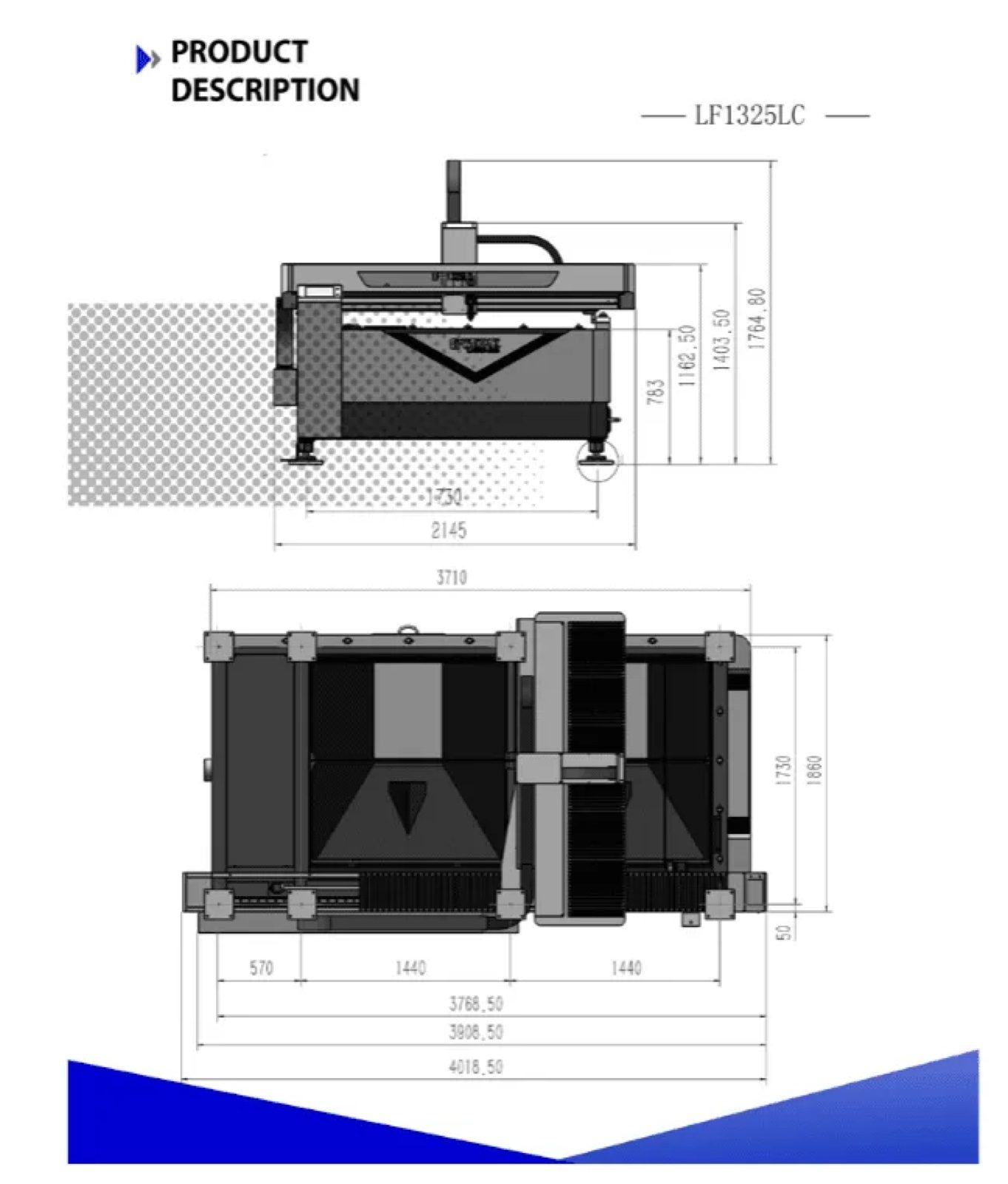 Dimension drawing of the combination laser cutter in side view and top view, with measurements in millimeters