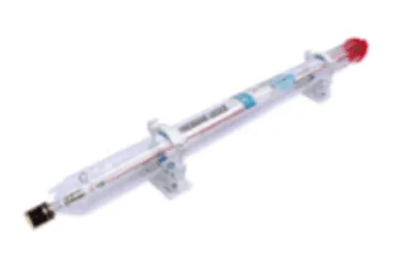 Glass CO2 laser tube resting on two mounting brackets