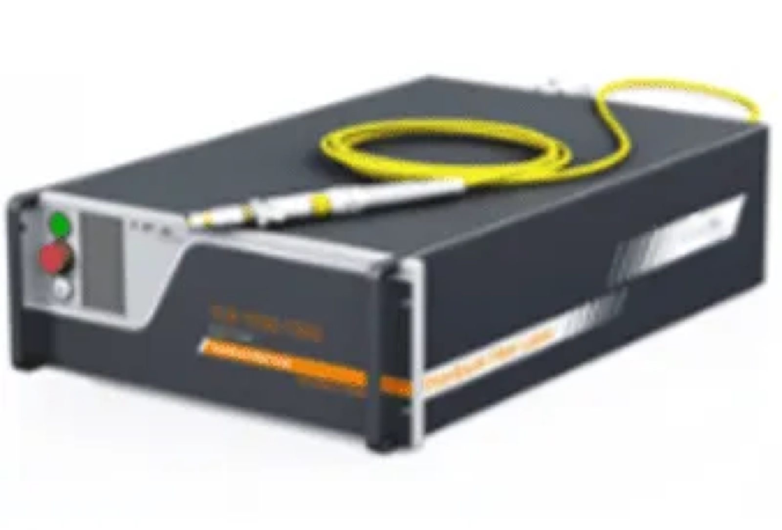 Fiber laser source, a flat cabinet with a coiled yellow fiber cable on top