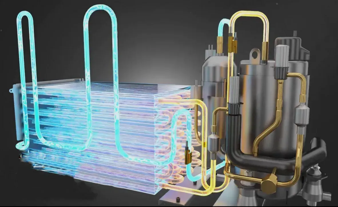 Rendering of the compressor-driven heat pump with its coil block, compressors and refrigerant lines