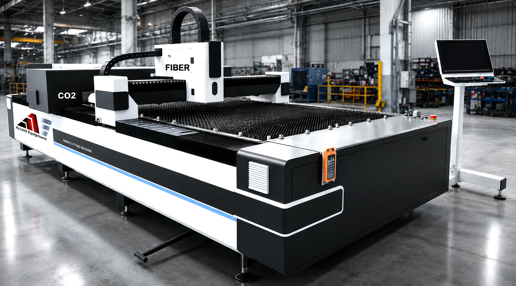 Dual gantry laser cutter with a CO2 gantry and a fiber gantry over one cutting bed