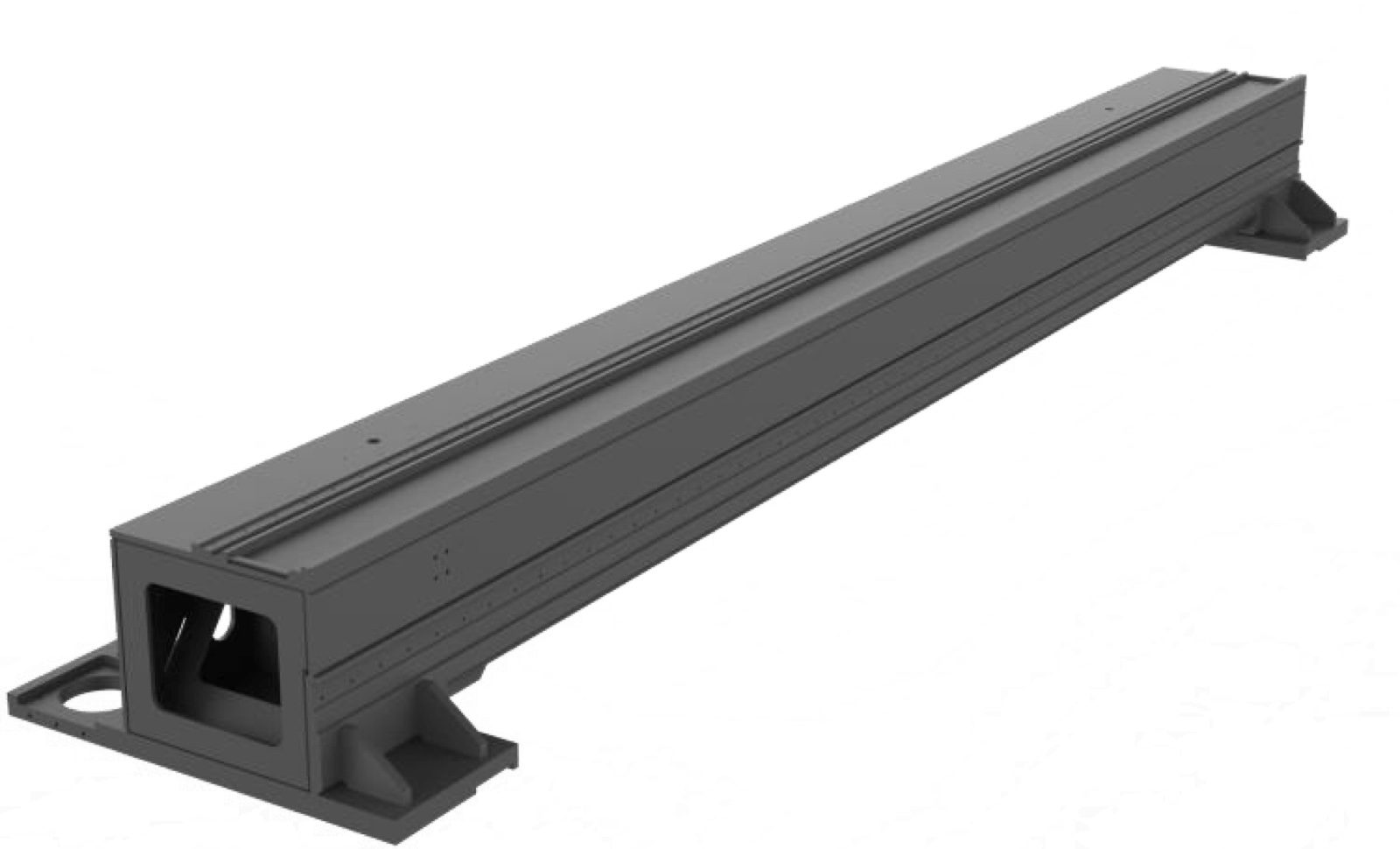Long aluminum alloy beam with a hollow box section and a mounting foot at each end