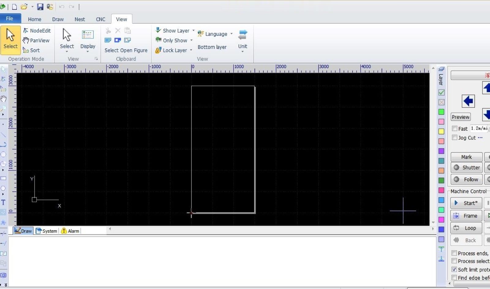 Cutting control software screen with a drawing workspace, a layer color bar and machine control buttons