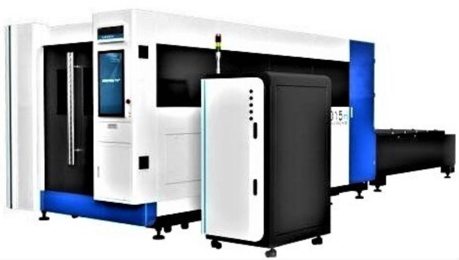 Enclosed fiber laser cutter with its operator console and shuttle table