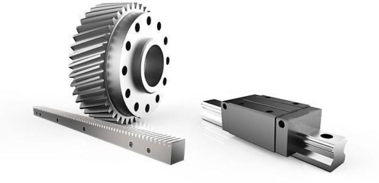 Helical gear on a toothed rack, next to a linear guide rail with its bearing block