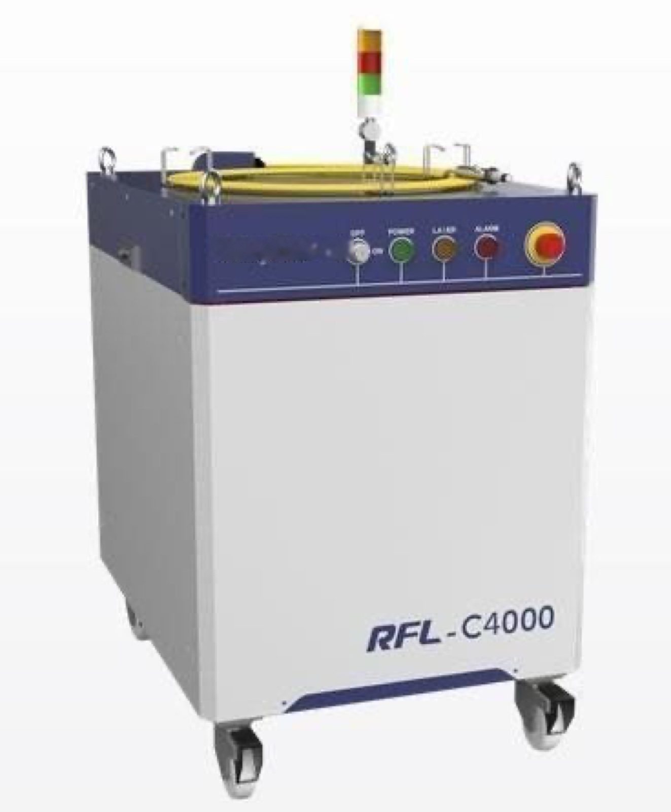Fiber laser source, a cabinet on casters with a status light tower on top