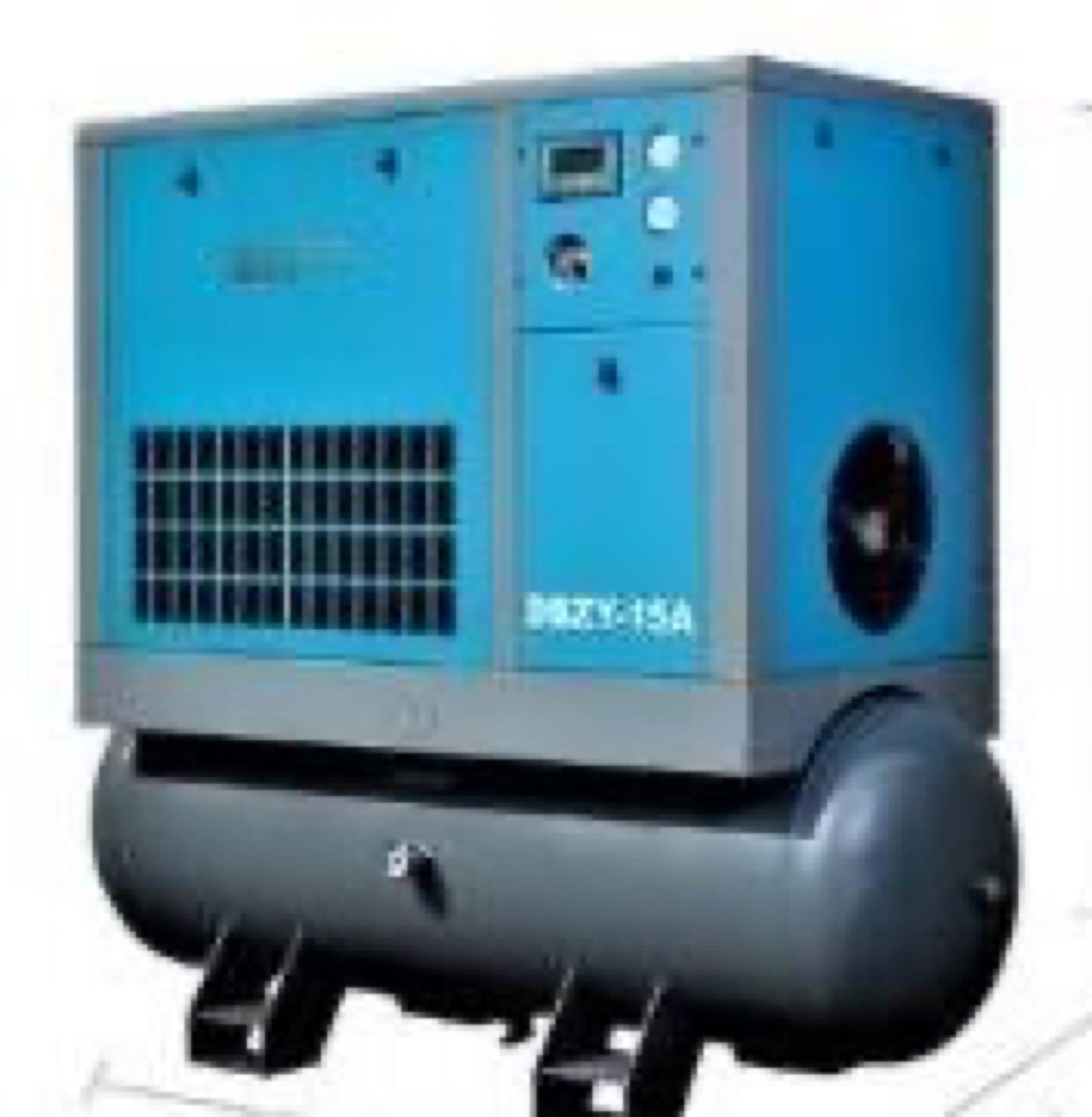 Air compressor mounted on a horizontal air tank. An air compressor is an option for the fiber laser cutter