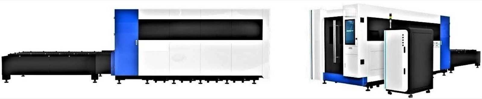 Enclosed CNC fiber laser cutter for metal seen from two angles, with the shuttle table extended at one end and the operator console at the other