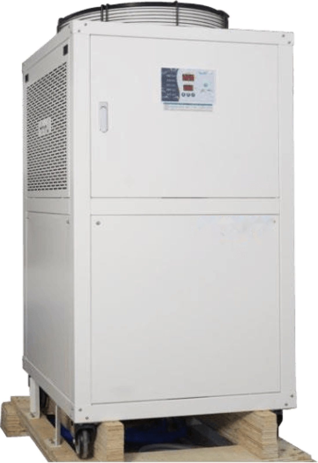 Water cooling unit, a white cabinet with a fan on top and a control display on the front