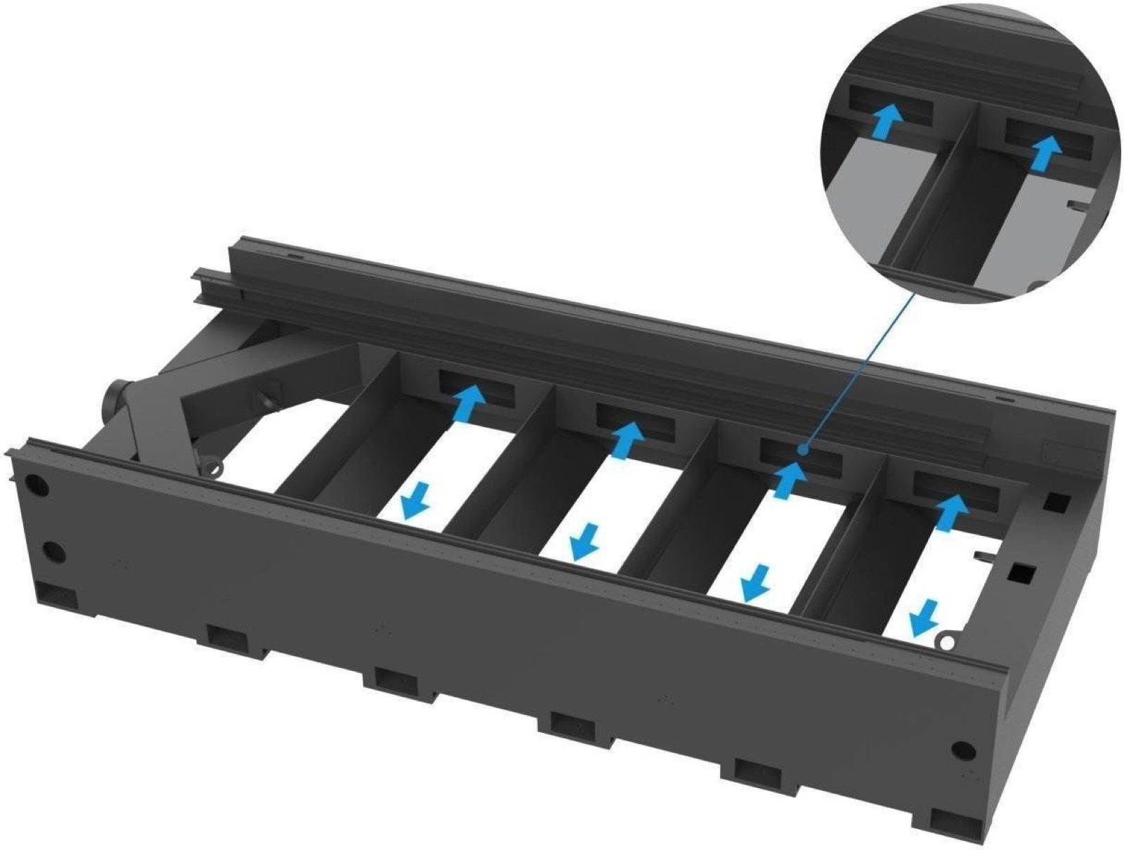 Machine bed frame divided by cross partitions, with arrows showing air drawn out through an outlet in each section
