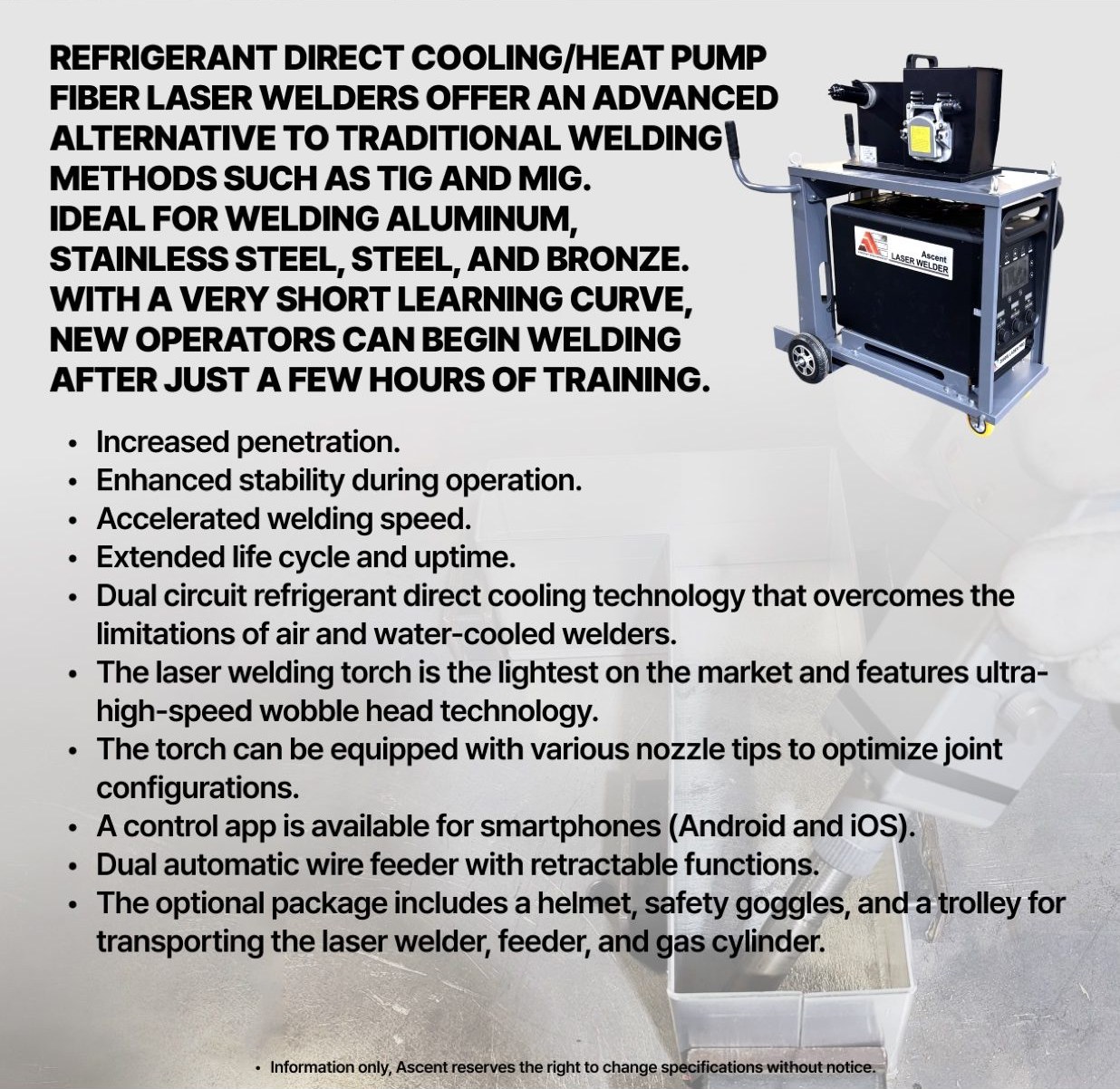 Brochure page for the Ascent 2000W handheld fiber laser, showing the welder on its cart beside a list of features
