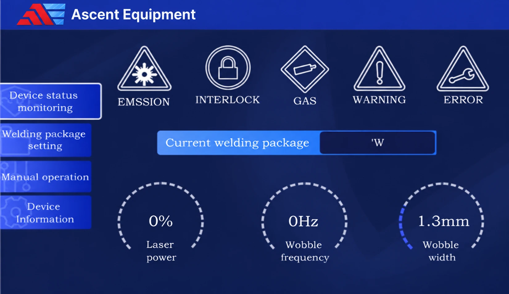 MASTER X touchscreen with menus for device status, process package settings, manual operation and device information, and dials for laser power, wobble frequency and wobble width