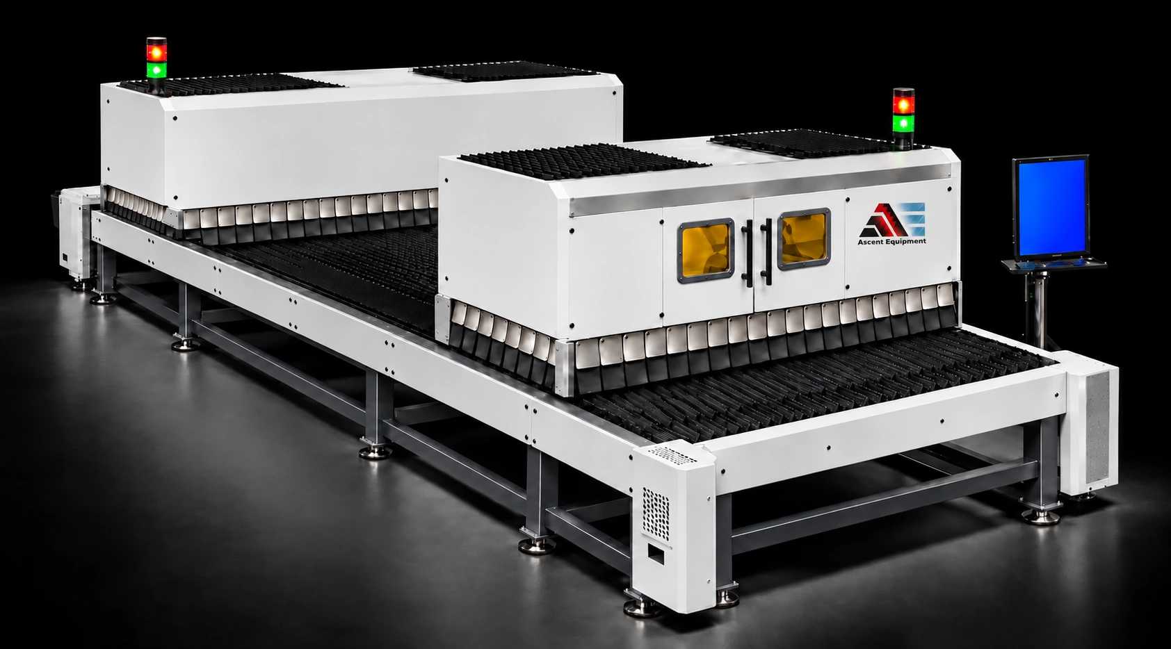 Dual gantry laser cutter with separate white covers around each gantry, green viewing windows, lower protective skirts and an operator console