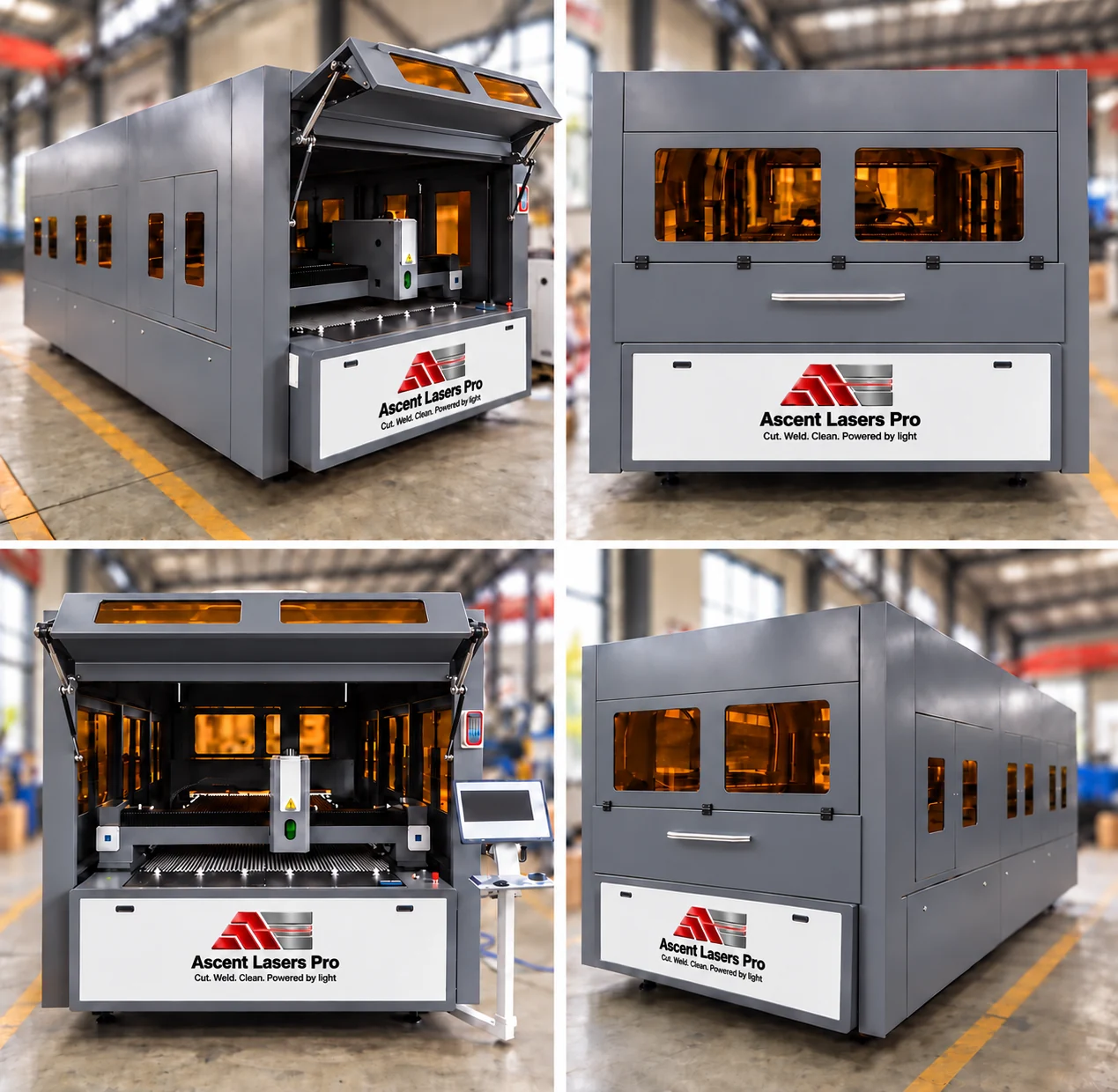Four views of an Ascent Lasers Pro laser cutter in a rigid gray cover with amber viewing windows: the front lid raised on gas struts over the cutting bed with the operator screen beside it, the closed front, and two corner views