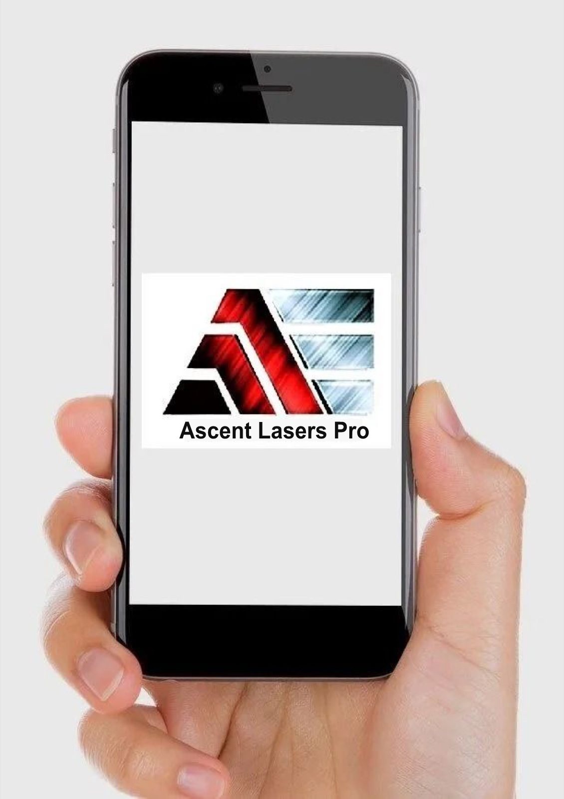 Hand holding a smartphone whose screen shows the logo of the welder control app