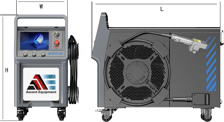 Front and side drawings of the MASTER X80C laser cleaner, marked with its width, height and length