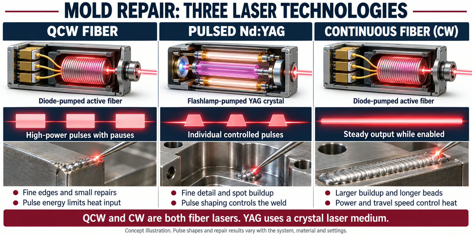 Mold Repair Lasers Compared: QCW Fiber, Pulsed Nd:YAG and Continuous Fiber