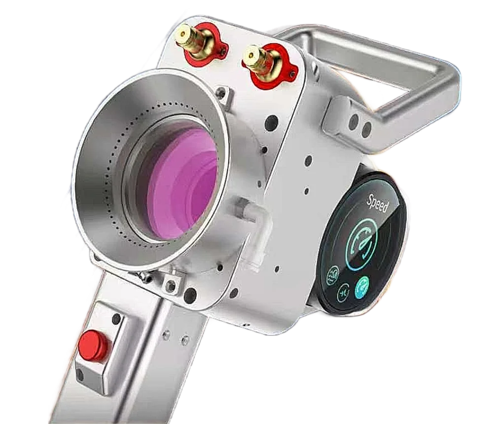 Handheld pulsed laser cleaning gun with a wide focusing lens, round speed display, top handle and red switch button