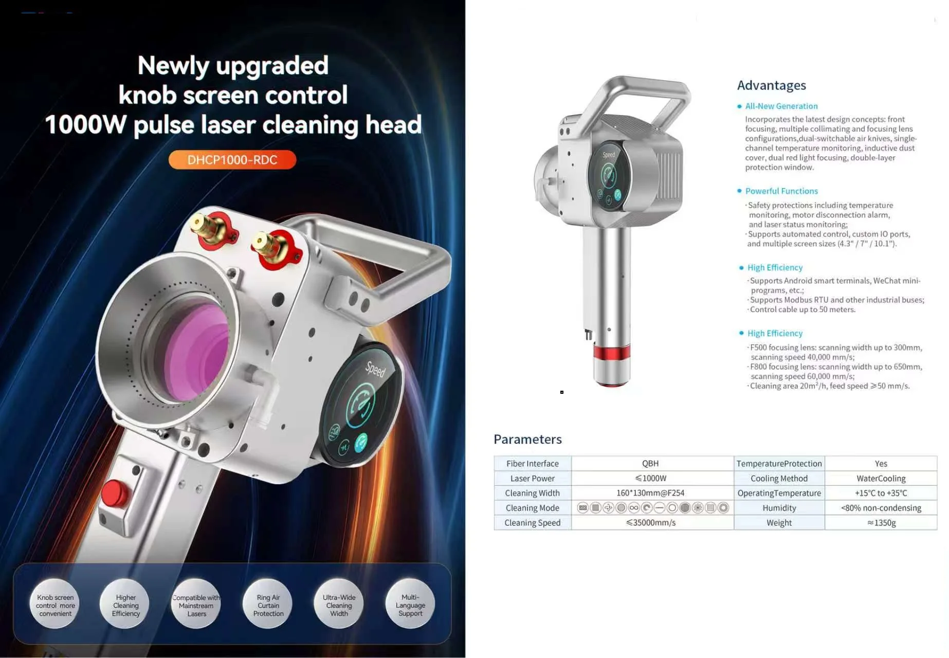 Upgraded 1000W pulse laser cleaning head with knob and screen control, shown with its list of advantages and a parameters table