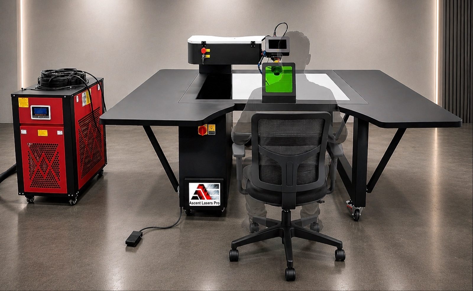 QCW fiber laser welding station with the laser source beside a work table