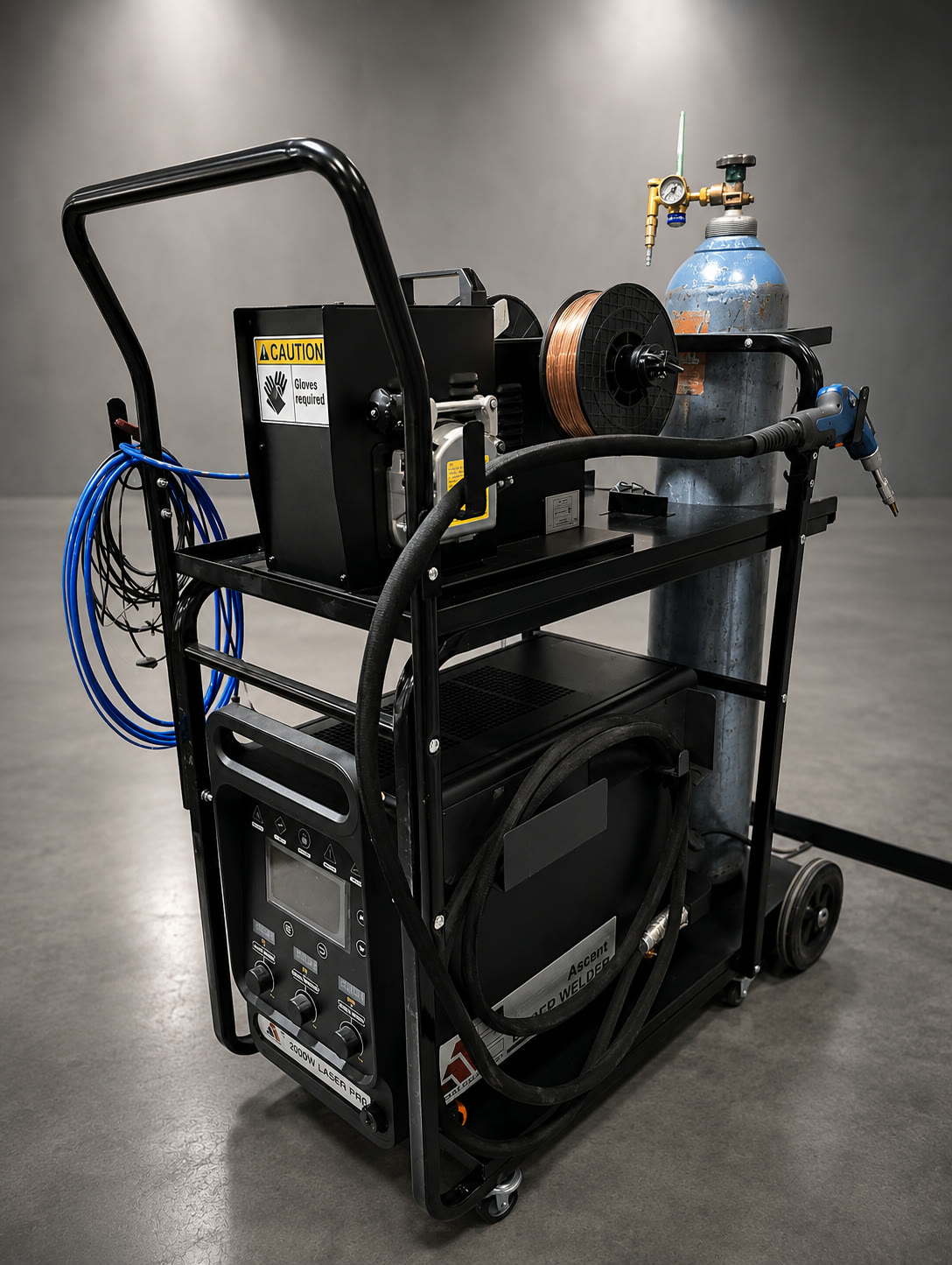 Refrigerant-cooled 2000W handheld fiber laser welder on its cart with the wire feeder and gas cylinder