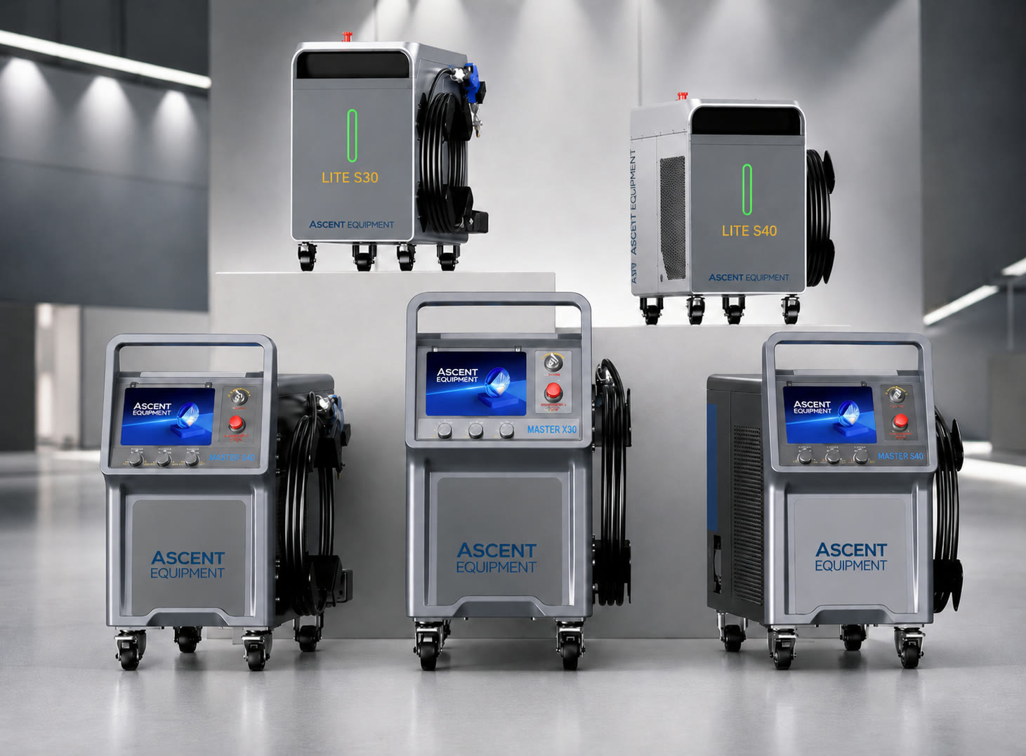 STR Series refrigerant-cooled fiber laser welders, two STR-LITE units behind three STR-MASTER units