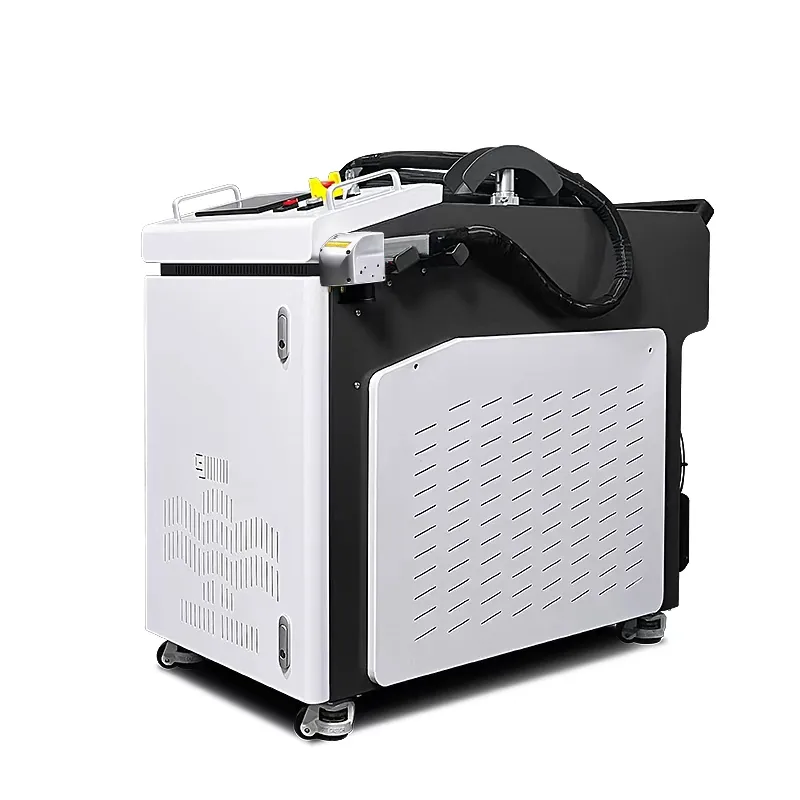 Water-cooled pulsed fiber laser cleaner cabinet on casters, with carry handles and the cleaning gun cable on top