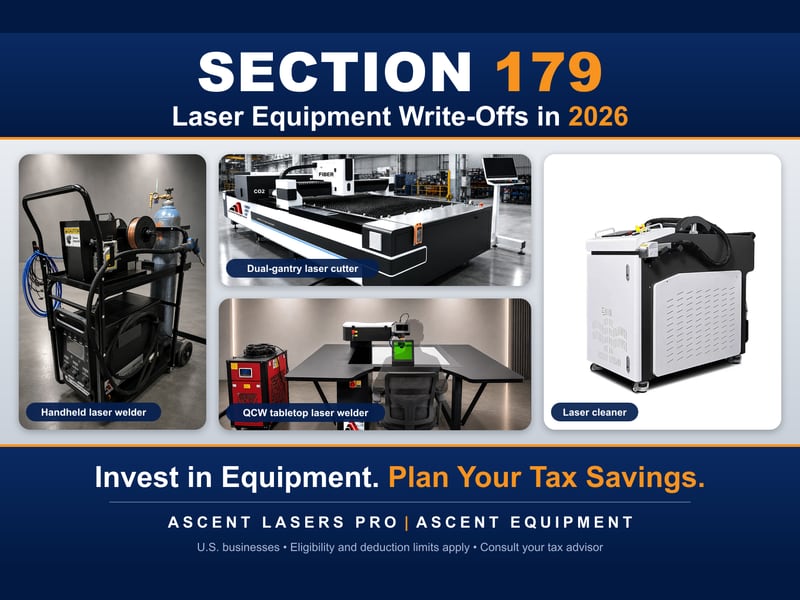 Real Ascent equipment from the website: a handheld laser welder on its cart, a dual-gantry laser cutter, a QCW tabletop laser welder and a laser cleaner, under the headline Section 179 laser equipment write-offs in 2026