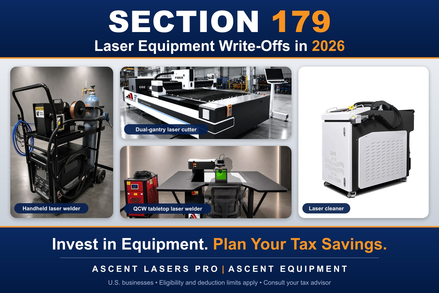 Real Ascent equipment from the website: a handheld laser welder on its cart, a dual-gantry laser cutter, a QCW tabletop laser welder and a laser cleaner, under the headline Section 179 laser equipment write-offs in 2026